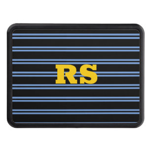 Bold Gold Monogram, Name, Blue Lines on Black Hitch Cover