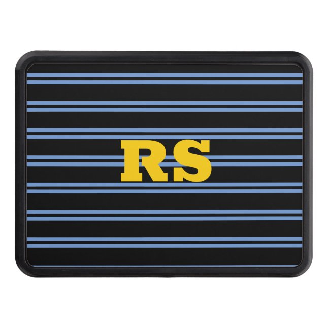 Bold Gold Monogram, Name, Blue Lines on Black Hitch Cover (Front)