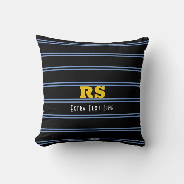 Bold Gold Monogram, Name, Blue Lines on Black Throw Pillow (Front)