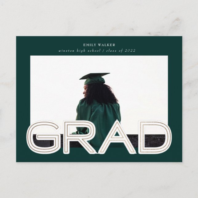 bold gold script graduation announcement photo postcard (Front)