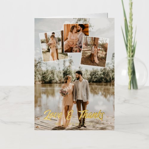 Bold Gold Script Wedding Photo Collage Thank You Foil Greeting Card