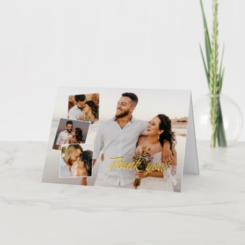 Bold Gold Script Wedding Photo Collage Thank You Foil Greeting Card