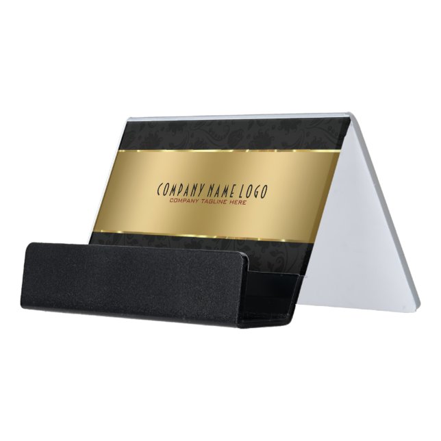 Bold Gold Stripe Black Damasks Desk Business Card Holder (Angled Front)