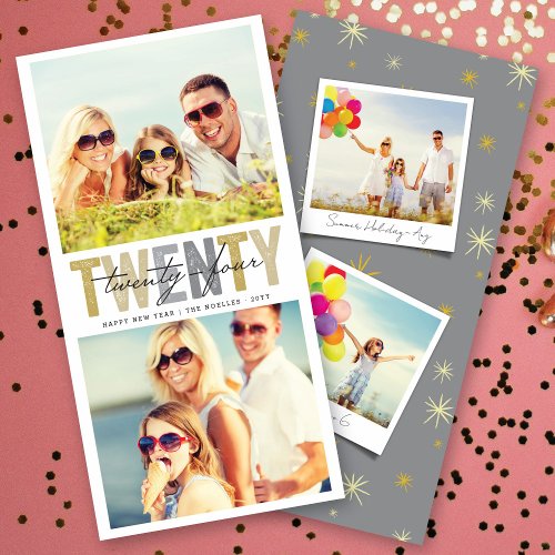 Bold Gold Typography 2024 New Year 2 Photo Collage Holiday Card