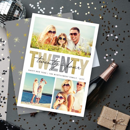 Bold Gold Typography 2024 New Year 3 Photo Collage Holiday Card