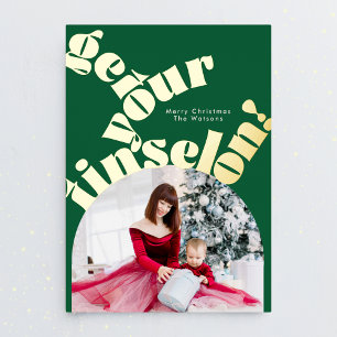 Bold Gold Typography "Get Your Tinsel On" Photo Foil Holiday Card