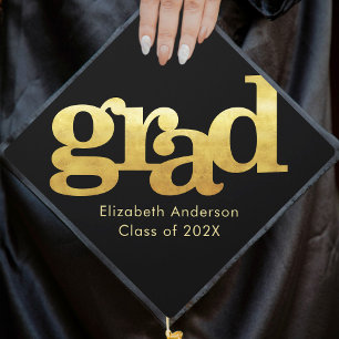 Bold gold typography on black simple modern graduation cap topper