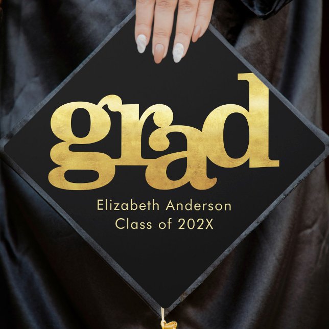 Bold gold typography on black simple modern graduation cap topper (Creator Uploaded)