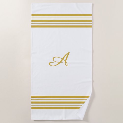 Bold Gold Vertical Monogram w Bars on White  Beach Towel