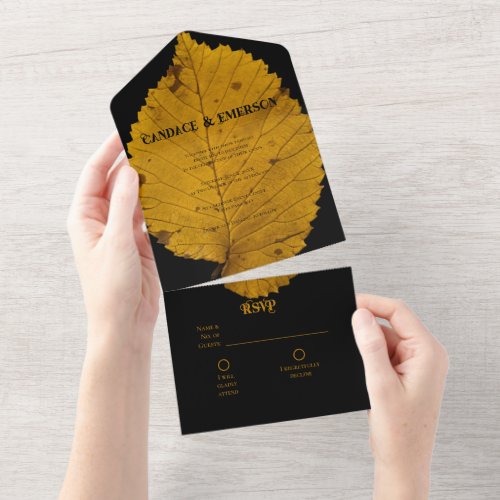 Bold Golden Autumn Leaf All in One Wedding Invite