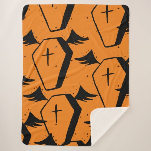 Bold Gothic Orange and Black Bat Wing Coffin Sherpa Blanket