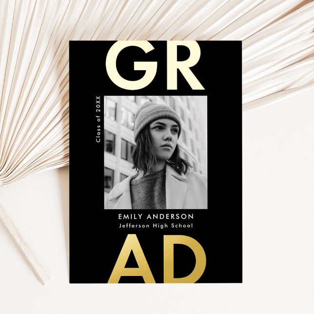 Bold Grad Black and Gold Photo Graduation Foil Invitation (Creator Uploaded)