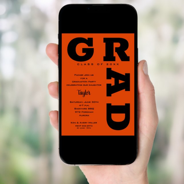 Bold GRAD Black and Orange Graduation Invitation (Front Digital)