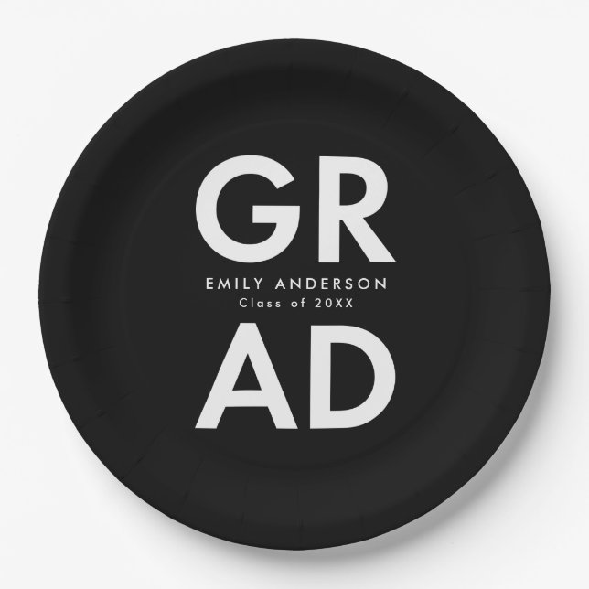Bold Grad Black and White Graduation Paper Plates (Front)