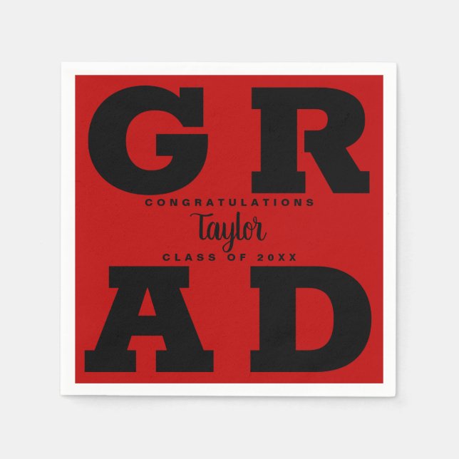 Bold GRAD | Black on Scarlet Red Graduation Napkin (Front)