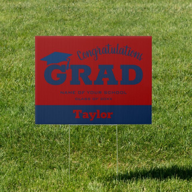 Bold Grad Blue on Dark Red Graduation Yard  Sign (Insitu)