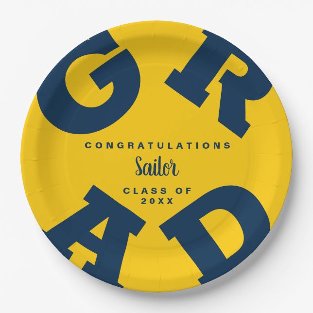 Bold GRAD Blue on Maize Yellow Graduation Paper Plates (Front)