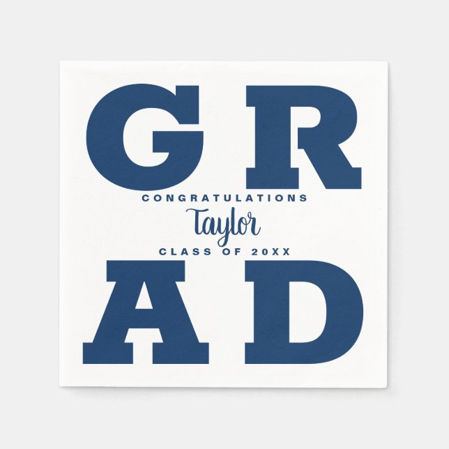 Bold Grad Blue on White Graduation Party Napkins (Front)