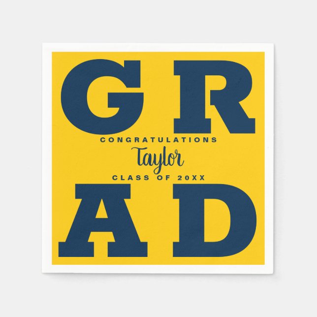 Bold GRAD Blue on Yellow Graduation Napkins (Front)
