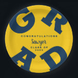Bold GRAD Blue on Yellow Graduation Paper Plates<br><div class="desc">GRAD in bold blue lettering curves around the edges of these yellow graduation party paper plates - available in 2 sizes. Congratulations above the name of your graduate and the Class of below. The perfect addition to your table decor for upcoming grad parties. **TIP: Click on CUSTOMIZE button; click on...</div>