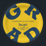 Bold GRAD Blue on Yellow Graduation Paper Plates<br><div class="desc">GRAD in bold blue lettering curves around the edges of these yellow graduation party paper plates - available in 2 sizes. Congratulations above the name of your graduate and the Class of below. The perfect addition to your table decor for upcoming grad parties. **TIP: Click on CUSTOMIZE button; click on...</div>