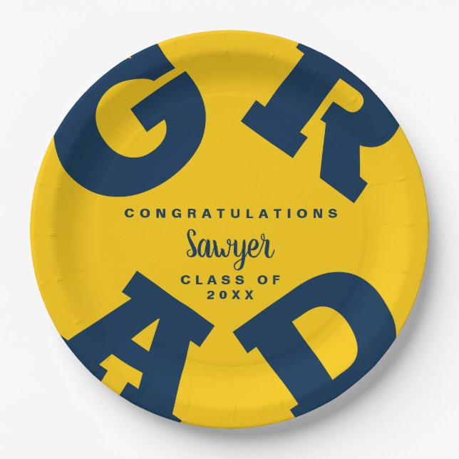 Bold GRAD Blue on Yellow Graduation Paper Plates (Front)