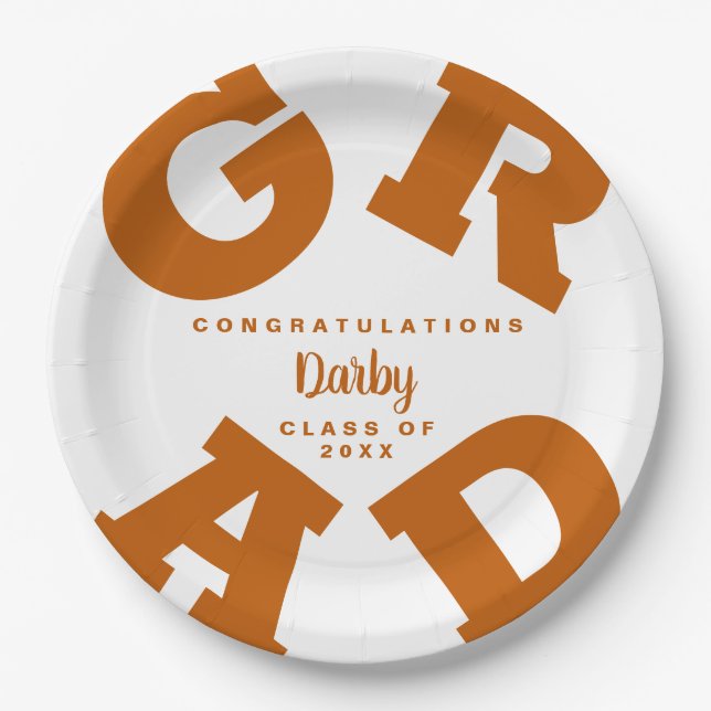 Bold GRAD | Burnt Orang on White Graduation Plates (Front)