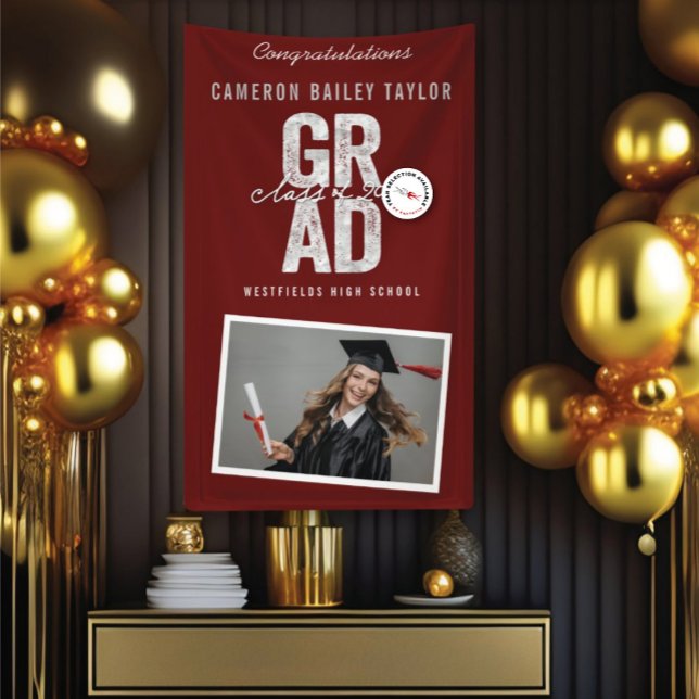 Bold GRAD Class Of 2026 Photo Graduation Party Banner (Class Of 20YY Modern Bold Silver GRAD Photo Graduation Party Banner @ www.zazzle.com/color_therapy)