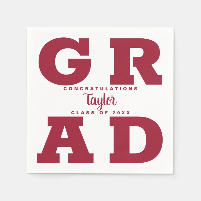 Bold GRAD | Crimson on White Graduation Party Napkins (Front)