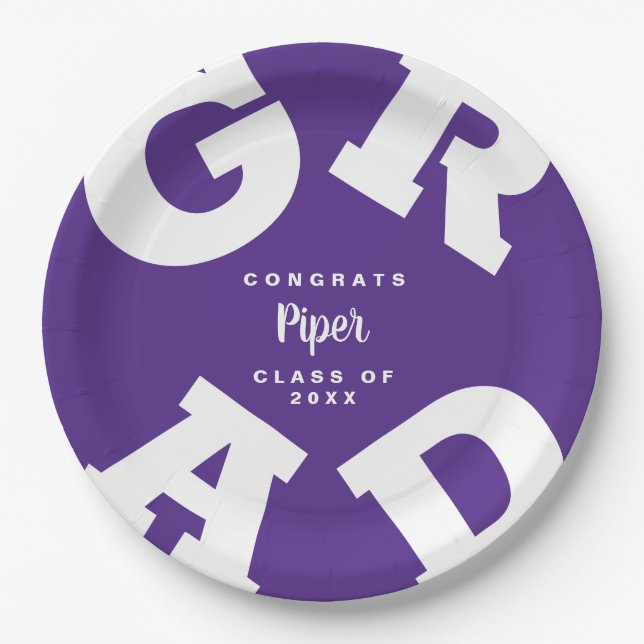 Bold GRAD Custom White on Purple Graduation Paper Plates (Front)