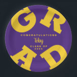 Bold GRAD Custom Yellow on Purple Graduation Paper Plates<br><div class="desc">GRAD in bold yellow lettering curves around the edges of these purple background graduation party paper plates - available in 2 sizes. Congratulations above the name of your graduate and the Class of below. The perfect addition to your table decor for upcoming grad parties. CHANGE THE COLORS to anything! **TIP:...</div>