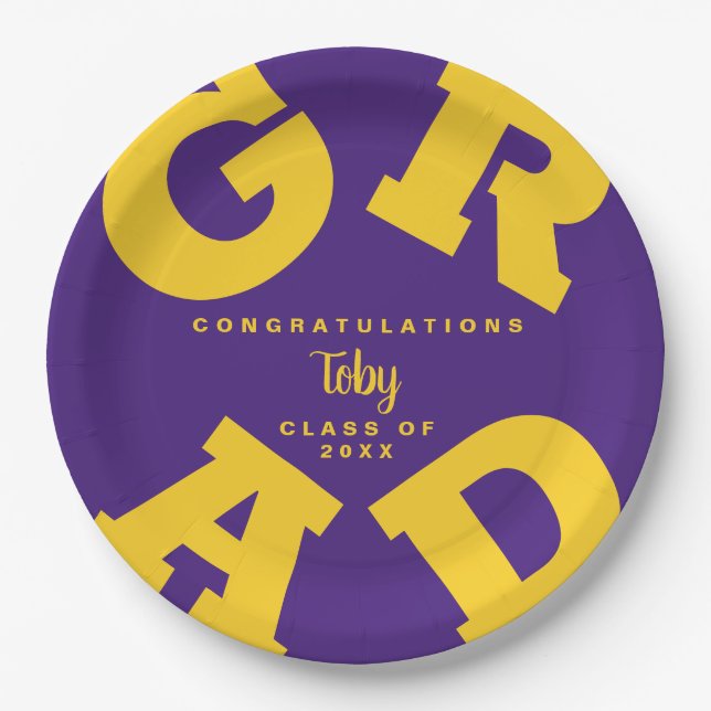 Bold GRAD Custom Yellow on Purple Graduation Paper Plates (Front)