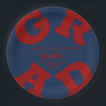 Bold GRAD Dark Red on Blue Graduation Custom Paper Plates<br><div class="desc">GRAD in bold dark red lettering curves around the edges of these blue graduation party paper plates - available in 2 sizes. Congratulations above the name of your graduate and the Class of below. The perfect addition to your table decor for upcoming grad parties. **TIP: Click on CUSTOMIZE button; click...</div>