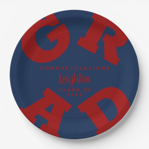 Bold GRAD Dark Red on Blue Graduation Custom Paper Plates
