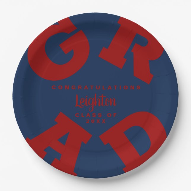 Bold GRAD Dark Red on Blue Graduation Custom Paper Plates (Front)