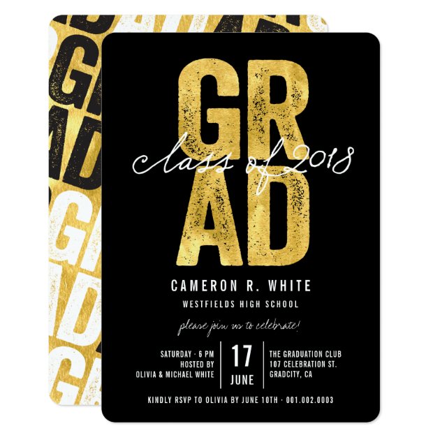 Bold GRAD Gold Foil Class Of 2018 Party Invite