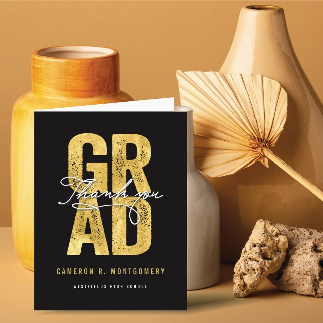 Bold GRAD Gold Grunge Typography Photo Graduation Thank You Card (Gold & Black Bold GRAD Class of 2024 Stylish Graduation Thank You Card @ zazzle.com/color_therapy)
