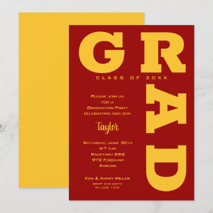 Bold GRAD Gold on Cardinal Red Graduation Invitation