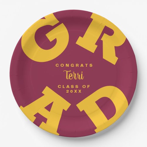 Bold GRAD Gold on Maroon Personalized Graduation Paper Plates