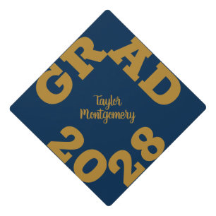 Bold GRAD Gold on Navy Blue Graduation Cap Topper
