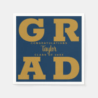 Bold GRAD | Gold on Navy Graduation Paper Napkins