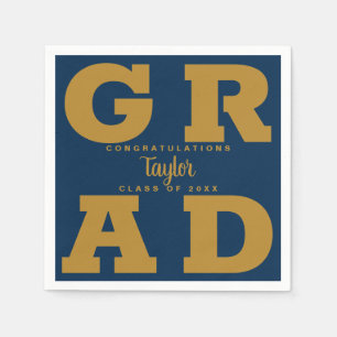 Bold GRAD Gold on Navy Graduation Paper Napkins
