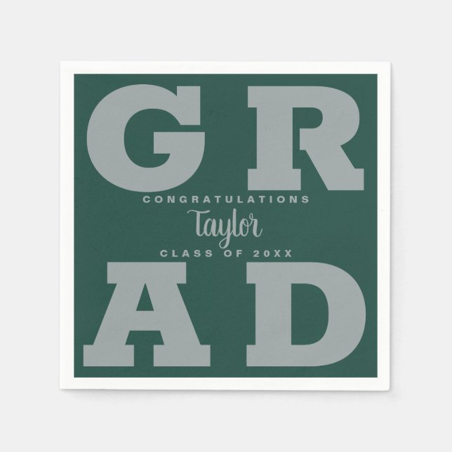 Bold GRAD | Gray on Dark Green Graduation Napkins (Front)
