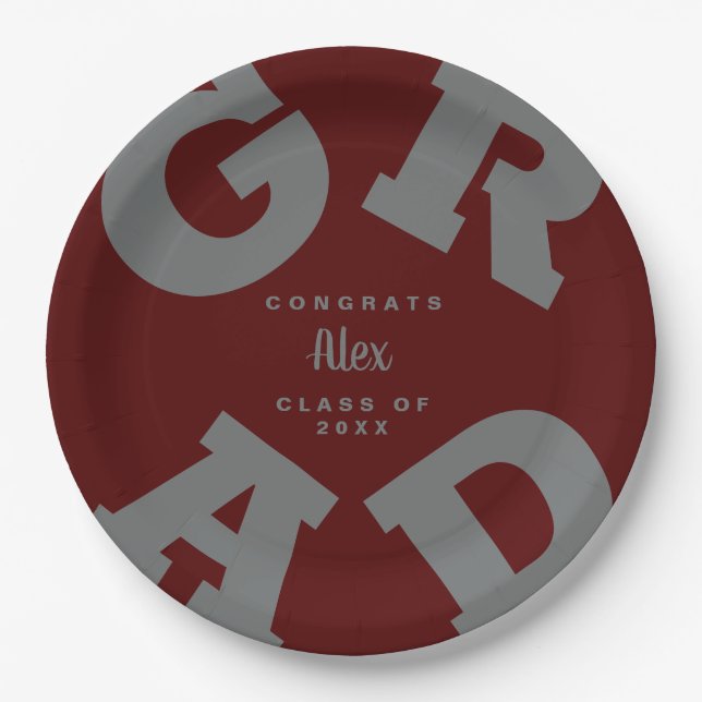 Bold GRAD Gray on Dark Maroon Graduation Paper Plates (Front)