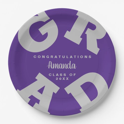 Bold GRAD Gray on Purple Graduation Custom Paper Plates