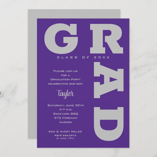 Bold GRAD Gray on Purple Graduation Invitation (Front/Back)