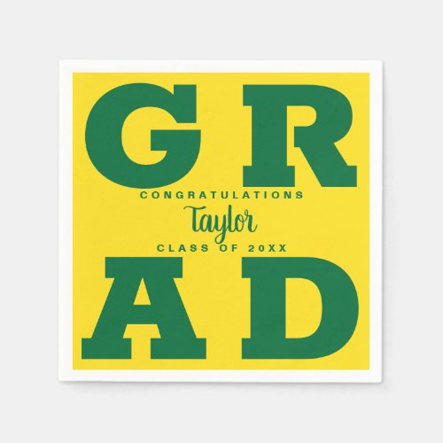 Bold GRAD  Green on Yellow Graduation Napkins