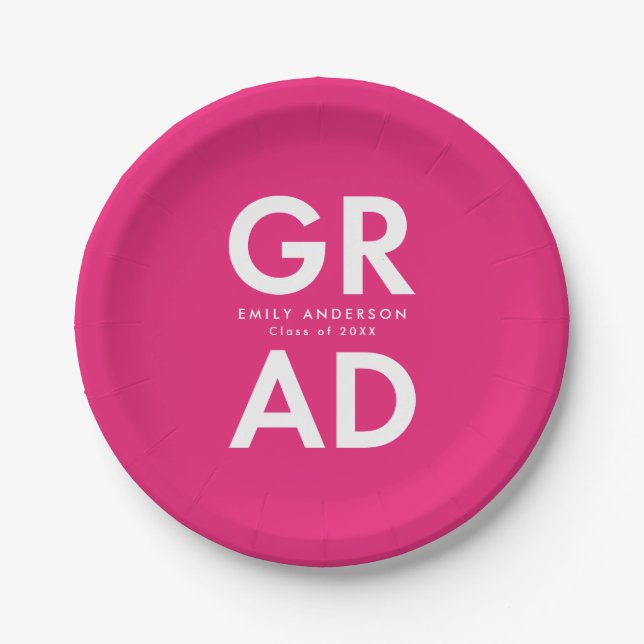 Bold Grad Hot Pink Graduation Paper Plates (Front)