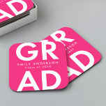 Bold Grad Hot Pink Graduation Party Square Paper Coaster<br><div class="desc">Custom graduation paper coasters featuring "Grad" in bold white lettering with a hot pink background. Personalize the graduation coasters by adding the graduate's name and graduation year. The personalized graduation coasters are perfect for both high school and college graduation parties.</div>