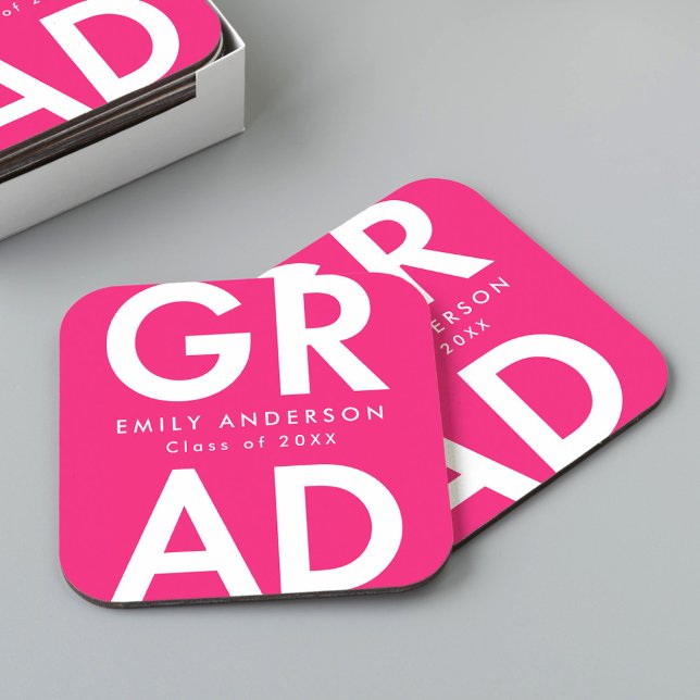 Bold Grad Hot Pink Graduation Party Square Paper Coaster (Creator Uploaded)